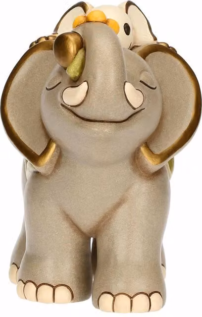 Statuetta Elefante Elly con cucciolo THUN in ceramica grigio e oro