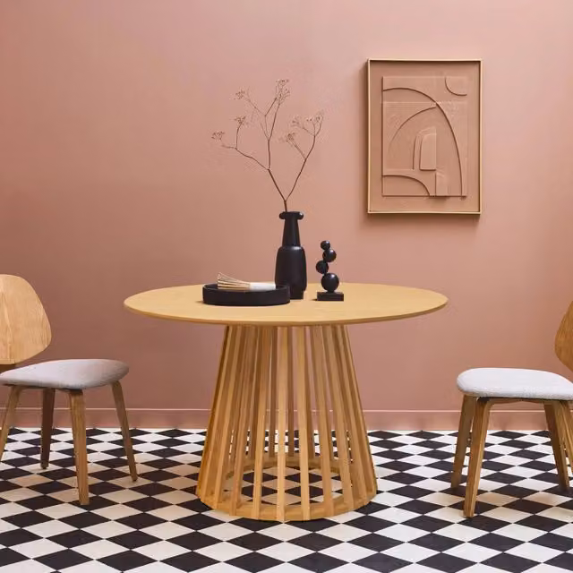 Tavolo da pranzo rotondo Sweeek in effetto legno beige e marrone, 4 posti, Diametro: 120 cm, Altezza: 75 cm
