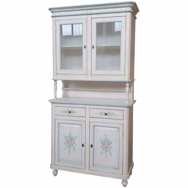 Cristalliera in legno con 2 ante in vetro Mobili 2G bianco invecchiato e decori azzurri L 104 cm, P 43 cm, H 208 cm