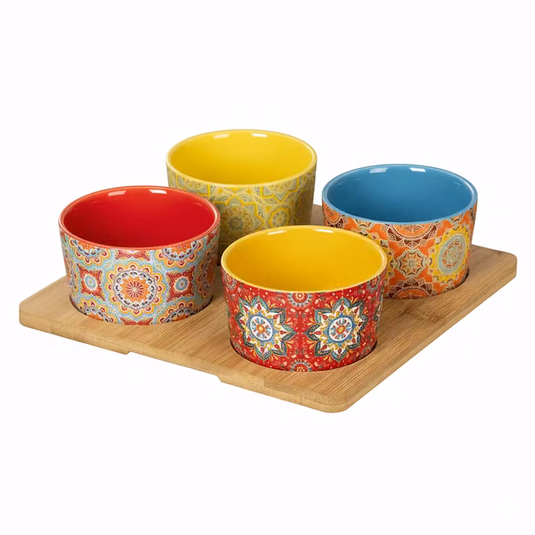 GUSTO CASA Set Antipastiere Linea Mandala in Stoneware con Vassoio in Bamboo, 5 Pezzi, Multicolore