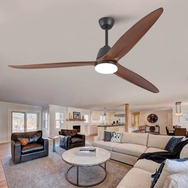 Ventilatore a soffitto Minimal nero e legno con pale in legno massello, motore DC reversibile, luce LED dimmerabile a 3 tonalità e telecomando