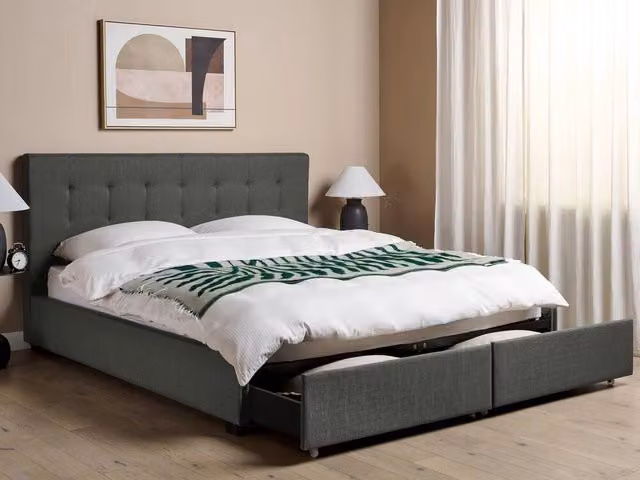Letto contenitore matrimoniale Beliani imbottito in tessuto grigio con cassetti L/P/H: 180 x 200 x 28 cm