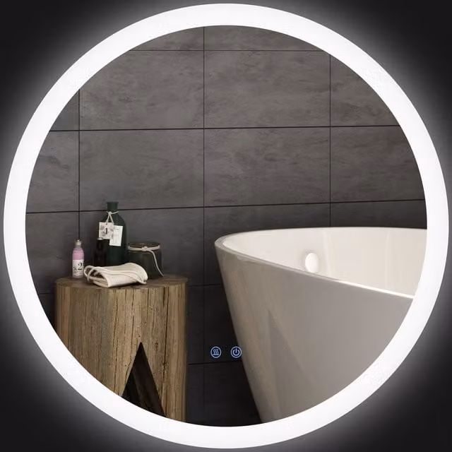 Specchio da bagno rotondo kleankin con luci LED regolabili, controllo touch e funzione antiappannamento, struttura in metallo e vetro, Ø 60 cm