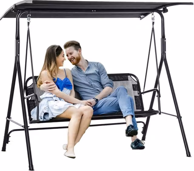 Dondolo da Giardino Bakaji a 3 Posti con Tettuccio Parasole Regolabile e Braccioli, Nero, L: 172 cm, P: 110 cm, H: 155 cm
