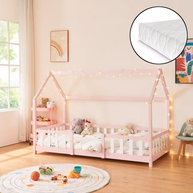 Letto per cameretta Sisimiut a forma di casetta con materasso in schiuma en.casa e neu.haus, legno di pino, Rosa/Bianco, 90x200 cm