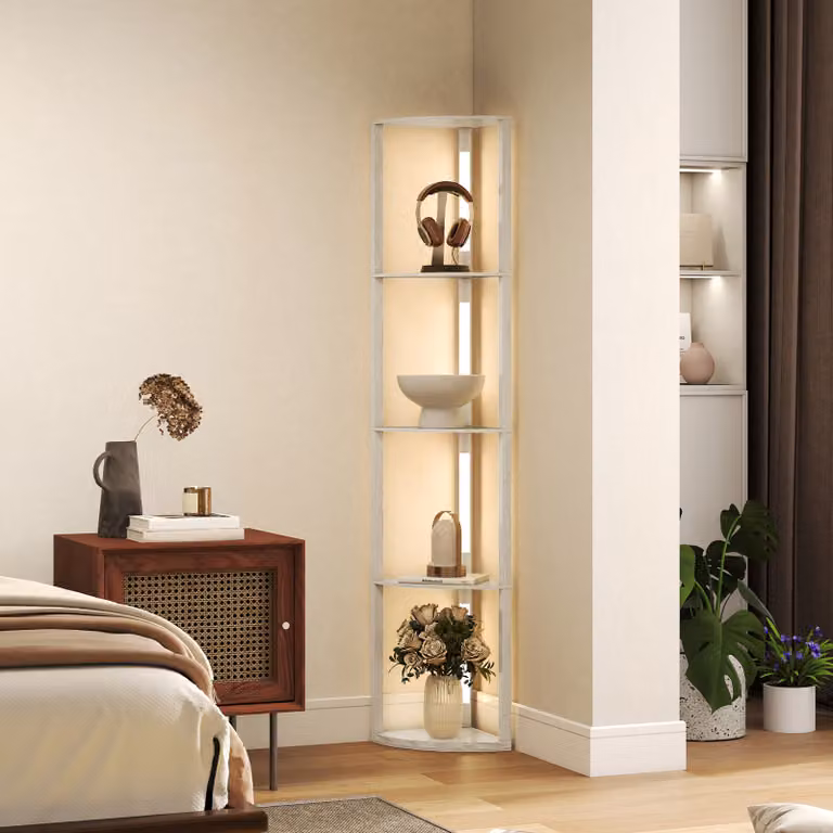Lampada da terra HOMCOM con 4 ripiani in legno e luce LED regolabile, colore rovere, L/P/H: 41 x 29.5 x 163.5 cm