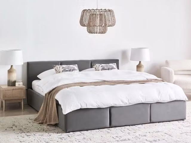 Letto Ottomano Beliani in Velluto Grigio con Contenitore e Testiera Imbottita L/P/H: 180 x 200 x 191 cm