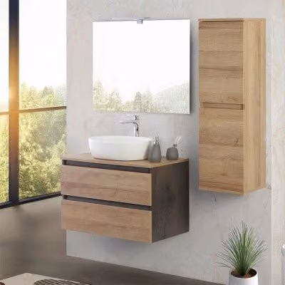 Mobile bagno sospeso Kleo Inbagno in rovere e marrone con top lavabo e specchio, Larghezza: 80 cm
