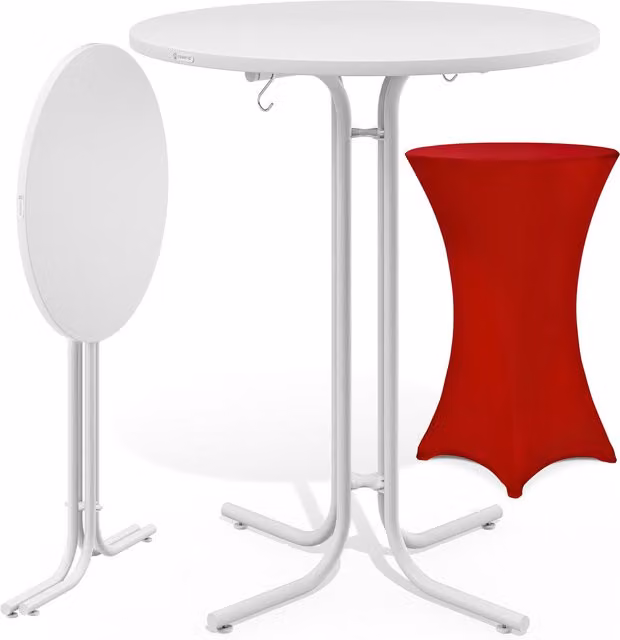 Tavolo bar Casaria bianco con copritavolo rosso, regolabile in altezza e pieghevole, L: 110 cm, P: 80 cm, H: 80 cm
