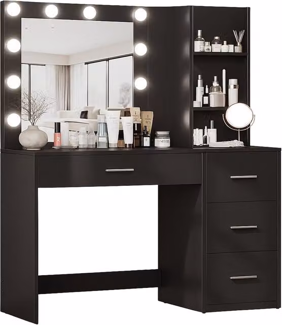Scrivania Hollywood con Specchio e Luci LED Avilia Home Nera Opaca