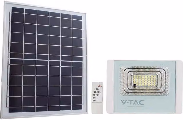 Faro LED solare V-TAC 35W 6400K bianco con telecomando, sensore crepuscolare e timer IP65