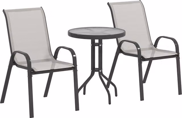 Set da giardino Outsunny composto da 3 pezzi con tavolo rotondo in vetro e sedie impilabili in acciaio grigio chiaro