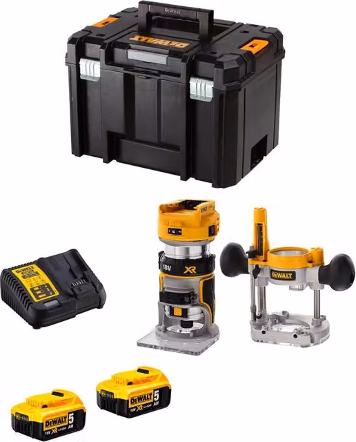 Fresatrice da banco DeWalt DCW604P2T gialla con 2 batterie da 5,0 Ah e caricabatterie DCB115 nel sistema TSTAK VI