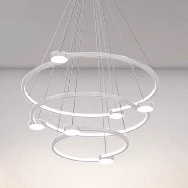 Trade Shop Lampadario a Sospensione LED Moderno con 3 Cerchi, Bianco, 96W, con Telecomando e Altezza Regolabile