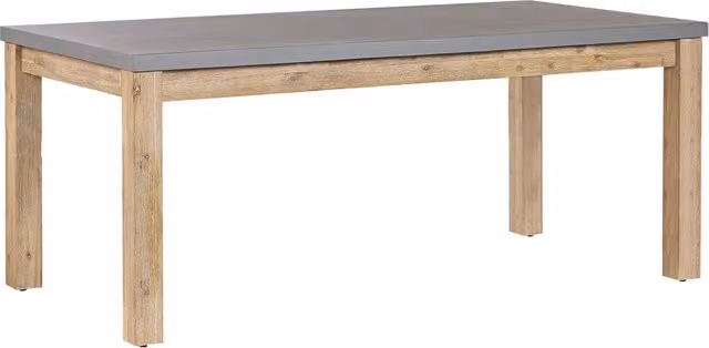 Tavolo da pranzo rettangolare da esterno Beliani in cemento grigio con gambe in legno di acacia L: 180 cm, P: 90 cm, H: 75 cm