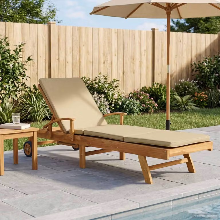 vidaXL Lettino da giardino in teak con cuscino beige e vassoio laterale