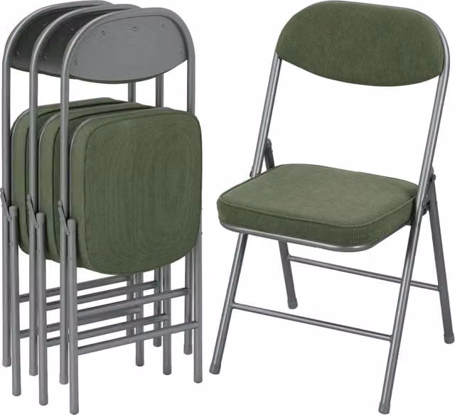 Set di 4 sedie pieghevoli da pranzo Xylo con seduta e schienale imbottiti in velluto verde e struttura in metallo