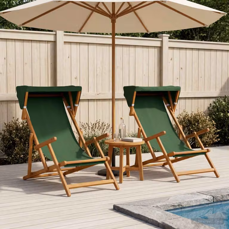 Set di 2 lettini prendisole vidaXL in legno di eucalipto massello con schienale regolabile e tessuto verde resistente ai raggi UV