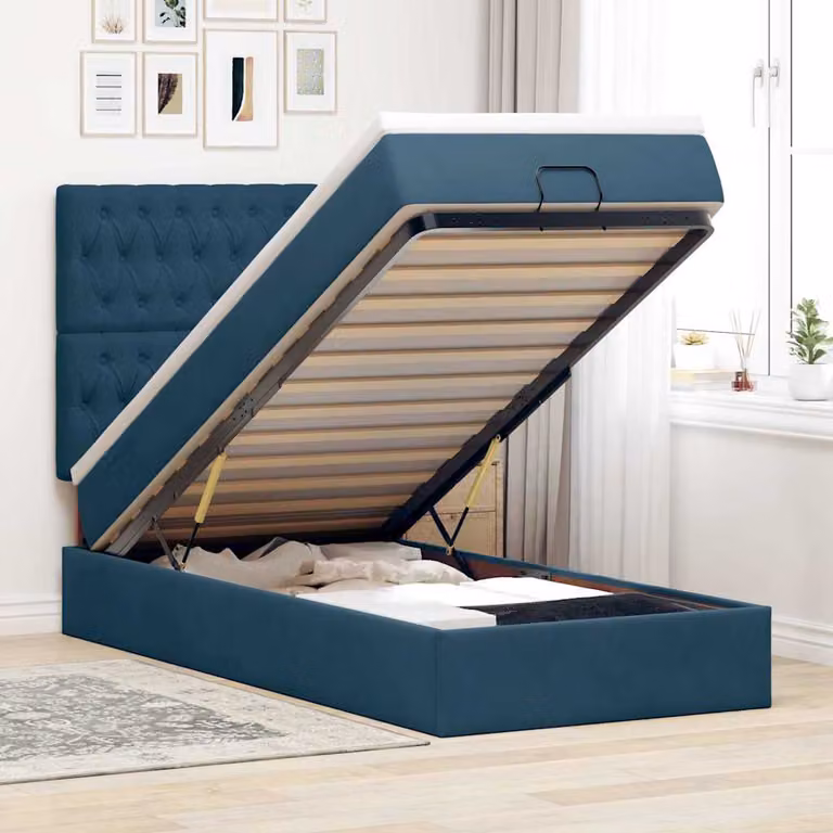 Letto con Pouf e Materasso vidaXL in Velluto Petrol, con Base a Sollevamento, Illuminazione Sotto il Letto e Porte USB, L/P/H: 193 x 90 x 128 cm