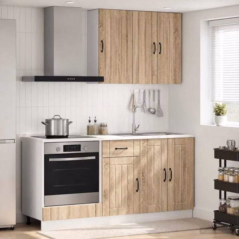 Set di mobili da cucina moderna vidaXL LUCCA composto da 5 pezzi in legno ingegnerizzato e MDF, colore Rovere Sonoma, con ante a battente e cassetti