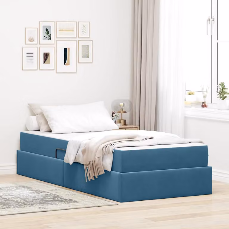 Letto con contenitore e materasso ibrido vidaXL in velluto blu con struttura in metallo L/P/H: 90 x 200 x 43,5 cm