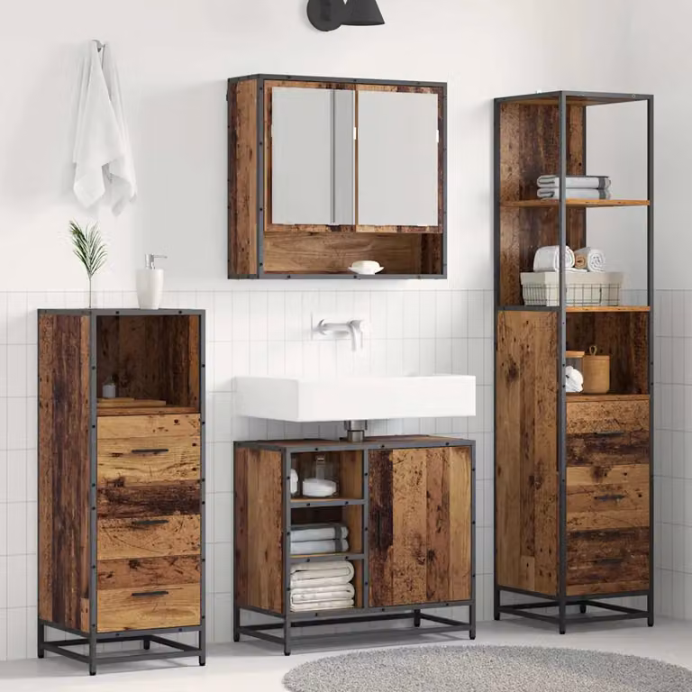 Set di mobili per il bagno vidaXL 3 pezzi in legno e metallo marrone stile minimalista con armadietto a specchio, mobile lavabo e colonna alta
