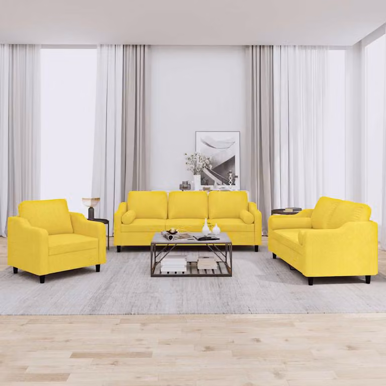Set di divani 3 pezzi vidaXL in tessuto giallo con cuscini e braccioli per soggiorno