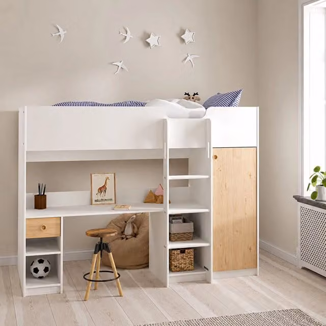 Composizione camera da letto Laliso con letto e armadio, Bianco e Marrone, L/P/H: 203 x 104 x 150 cm