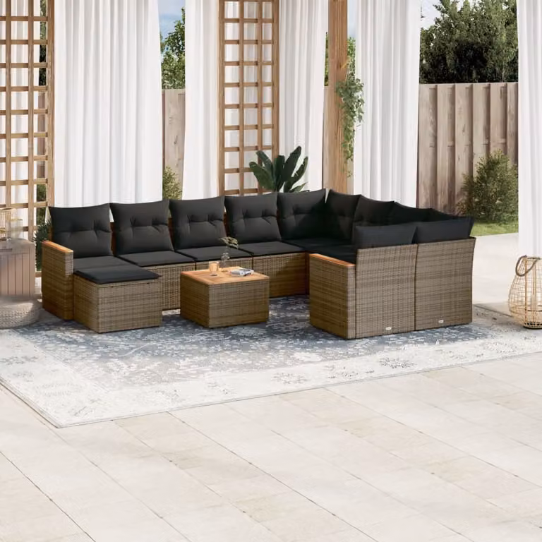 vidaXL Set di Divani da Giardino 11 pz in Polyrattan Grigio con Cuscini e Tavolino da Esterno