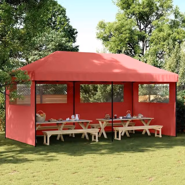 Tendone per feste pieghevole pop-up vidaXL con 3 pareti e finestra, rosso e nero, L/P/H: 580 x 292 x 315 cm