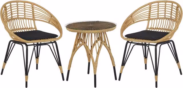 Set Bistro da Esterno Beliani in Polirattan e Metallo con Tavolino in Vetro, Stile Boho, Colore Marrone e Nero