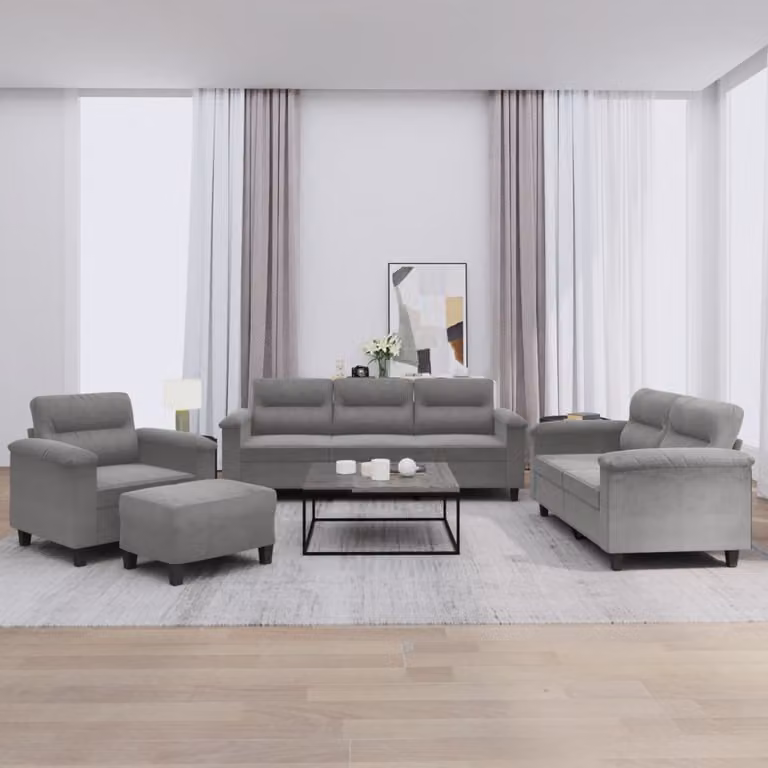 Set di Divani 4 pz vidaXL in Microfibra Grigio con Cuscini e Pouf per Soggiorno