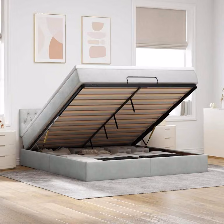 vidaXL Struttura Letto con Materasso e Contenitore a Sollevamento in Velluto Grigio e Bianco L/P/H: 200 x 160 x 88 cm