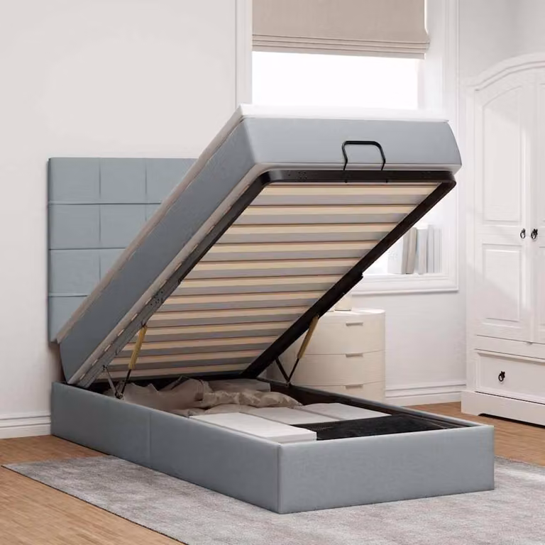 Letto con Pouf e Materasso vidaXL in Tessuto con Base a Sollevamento, Illuminazione Sotto il Letto e Porte USB, L/P/H: 203 x 140 x 100 cm