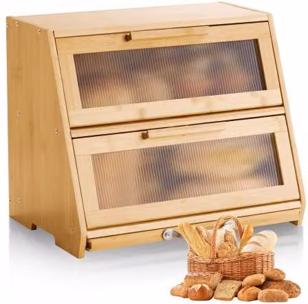 Contenitore per pane VEVOR a doppio strato in legno di bambù marrone con pannello in acrilico ondulato, L: 39 cm, P: 26 cm, H: 32 cm