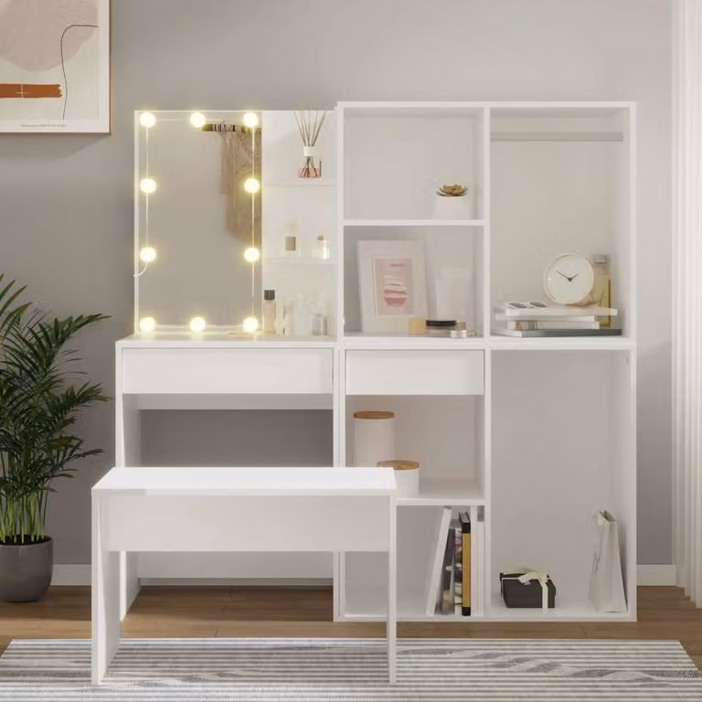 vidaXL Set Tavolo da Toeletta Hollywood LED Bianco in Legno e MDF L/P/H: 76 x 140 x 40 cm