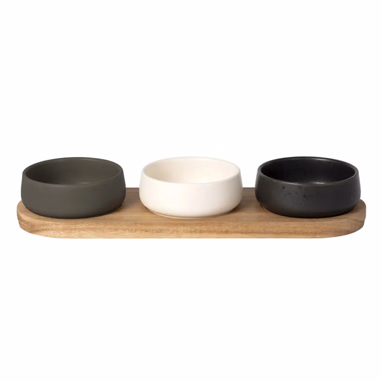 Antipastiera GUSTO CASA Linea Acacia con 3 Ciotole in Legno e Ceramica, Marrone Multicolore, L: 30 cm