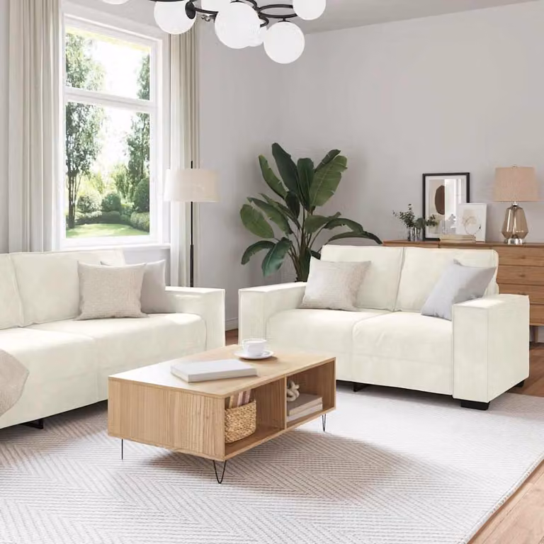 Set di divani 3 pezzi vidaXL in velluto beige con cuscini, composto da un divano a 3 posti e un divano a 2 posti con braccioli e design moderno