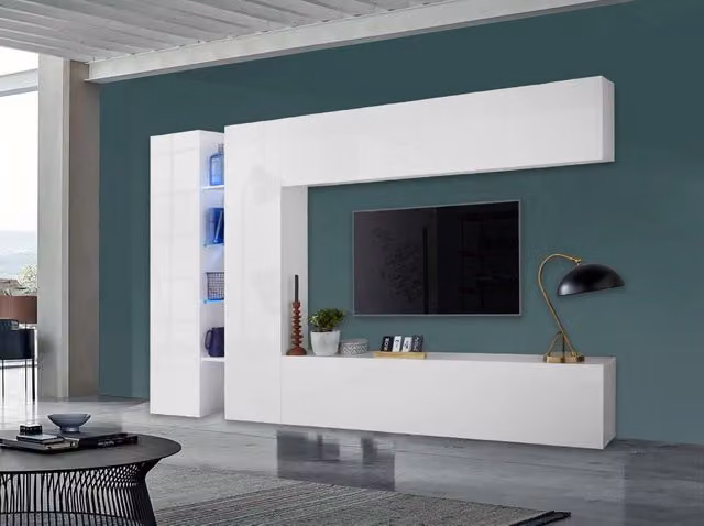 Parete attrezzata Joy Twin Shopinnotivo design moderno bianco lucido con mobile basso, armadi e mensole per soggiorno