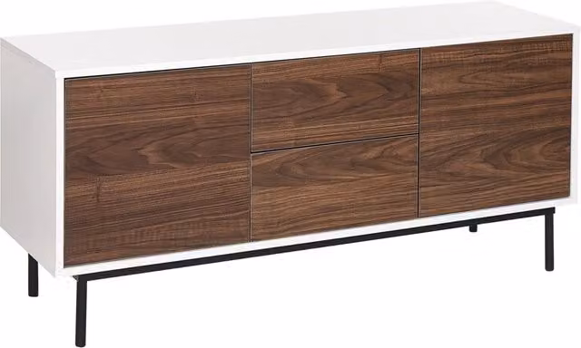 Credenza Beliani moderna con 2 ante e cassetti in legno scuro e bianco con gambe in metallo L 120 cm x P 38 cm