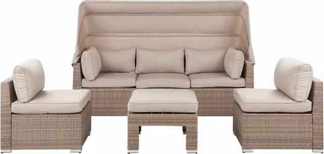Lounge Set da Giardino Beliani in Polyrattan Beige con Divano a 3 Posti, Poltrone e Ottoman