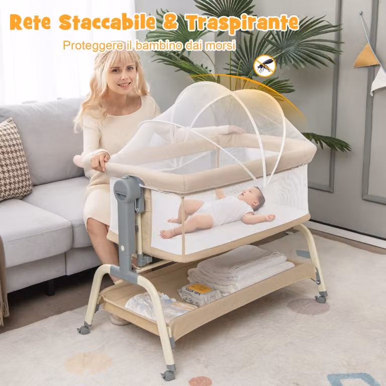 Culla per neonati Costway beige con 6 altezze regolabili, rete a 4 lati e cesto portaoggetti, materasso 60x120 cm
