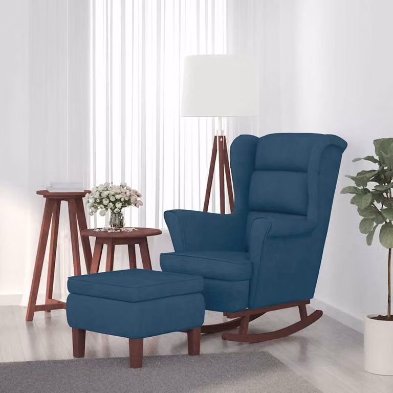 vidaXL Sedia a dondolo con schienale alto in velluto blu e struttura in legno massiccio con pouf incluso