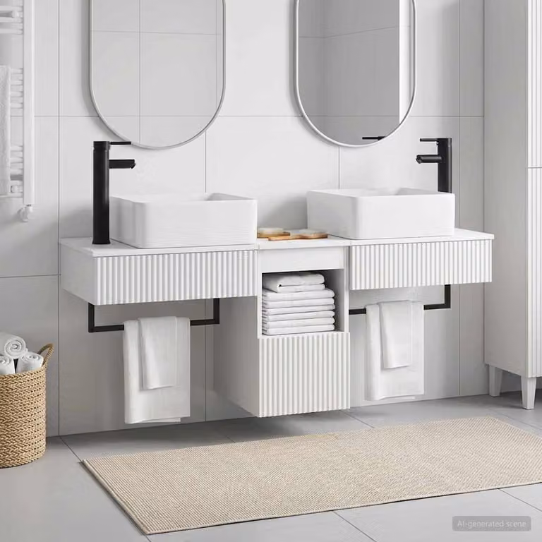 Set di mobili per il bagno moderno vidaXL in 3 pezzi, colore bianco opaco, in legno MDF sospeso