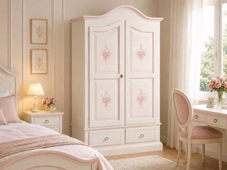 Armadio in legno shabby chic bianco con decori rosa Mobili 2G L/P/H: 122 x 60 x 200 cm