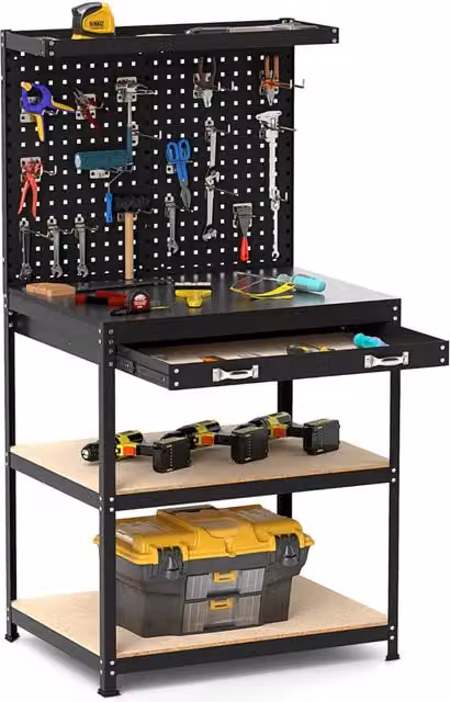 Banco da lavoro in metallo DESIGN IN con 2 pegboard, cassetto e mensole, Nero, L: 225 cm, H: 156 cm, P: 81 cm
