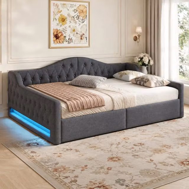 Letto da giorno REDOM imbottito in tessuto grigio con vano contenitore a sollevamento e illuminazione LED L/P/H: 146.5 x 200 x 69 cm