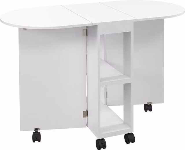 Tavolo da pranzo pieghevole HOMCOM bianco con 2 ribalte, ripiani a 2 livelli e ruote, salvaspazio per 2-4 persone, L: 120 cm, P: 60 cm, H: 77 cm