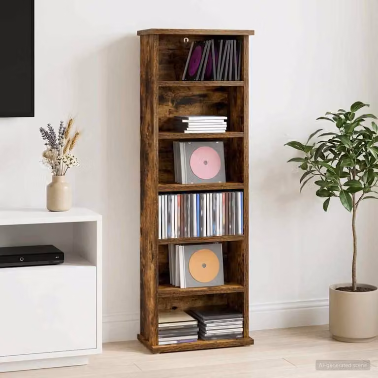 Mobile per CD vidaXL in legno ingegnerizzato Rovere Fumo, con ripiani regolabili e scomparti multimediali, L 60 x P 17 x H 92 cm