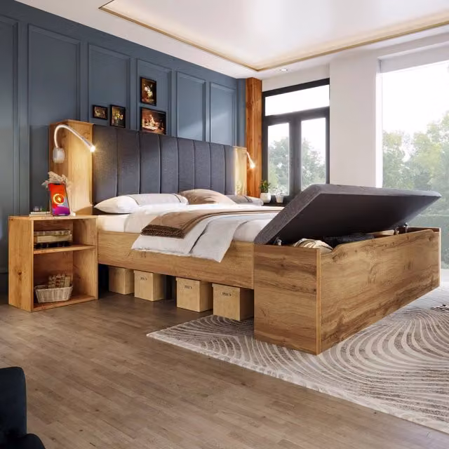 Letto matrimoniale MIVRAY in rovere con comodini, panca contenitore, testiera reclinabile, luci di lettura e porte USB, L/P: 160 x 200 cm, colore marrone